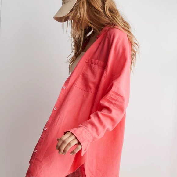Never Worn Aerie Linen Blend Coverup Shirt Haute Coral Size Large - Picture 6 of 8